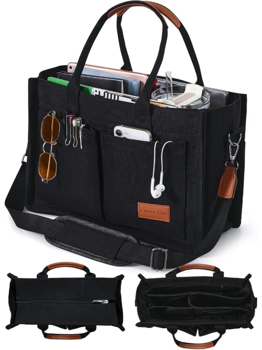 FIORETTO Canvas Women's Black Brown Tote Bag Zipper Compartments Pockets Bags